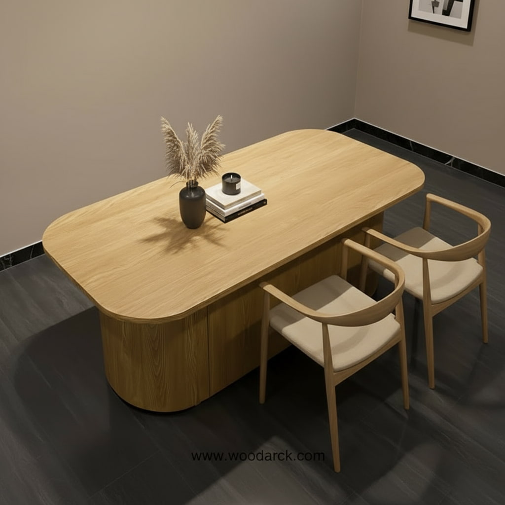 wooden office table with smooth finish shown from the front view