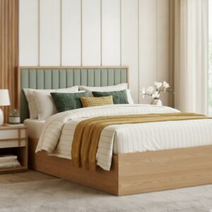 queen size bed with upholstered headboard in modern style