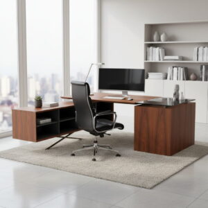 Luxury Wood and Glass Office Desk in a High-Rise Corner Office