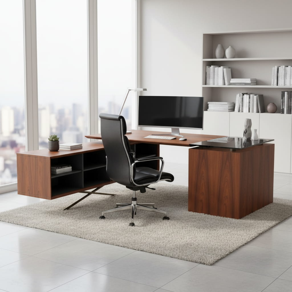 Luxury Wood and Glass Office Desk in a High-Rise Corner Office