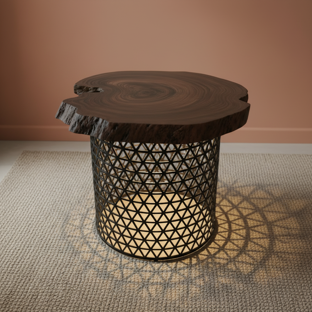 live-edge-wood-side-table-metal-lattice-base-ambient-light