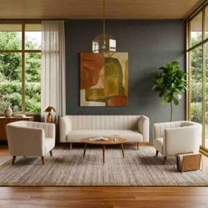 Mid-Century Modern Living Room Set - Beige Sofa & Matching Accent Chairs