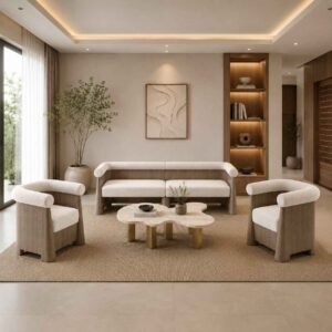 Halo Curve wooden sofa set with two lounge chairs and a designer coffee table in a modern minimalist living room.